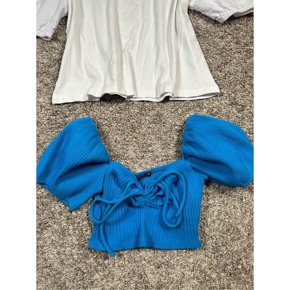 zara puff sleeve crop top blouse bundle cottagecore white and blue women’s S - Picture 3 of 12